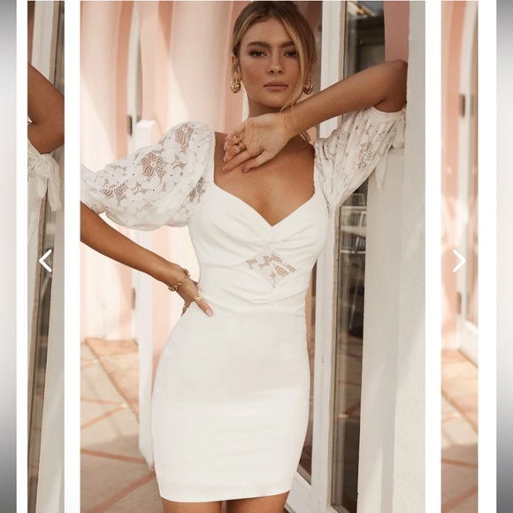 Selfie Leslie Dresses & Skirts - SELFIE LESLIE LACE PUFF SLEEVE TWIST BODICE DRESS WHITE